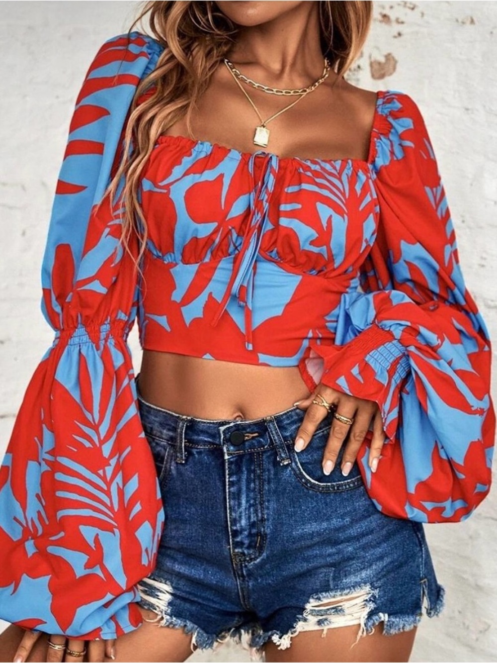 SHEIN Red & Blue Floral Puff-Sleeve Tie-Front Crop Top